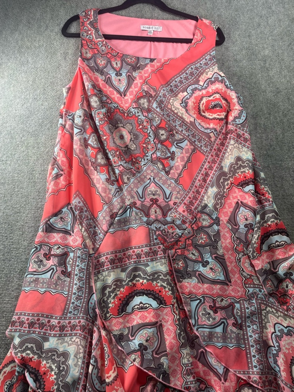 Robbie Bee Coral and Gray Paisley A-Line dress